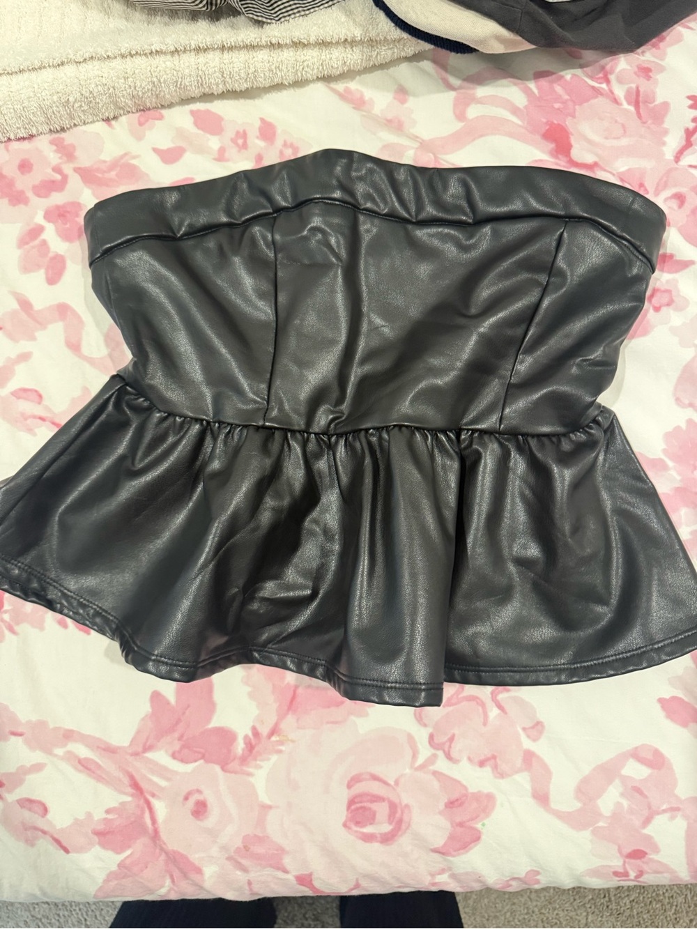 Strapless Faux Leather Peplum Top - Black